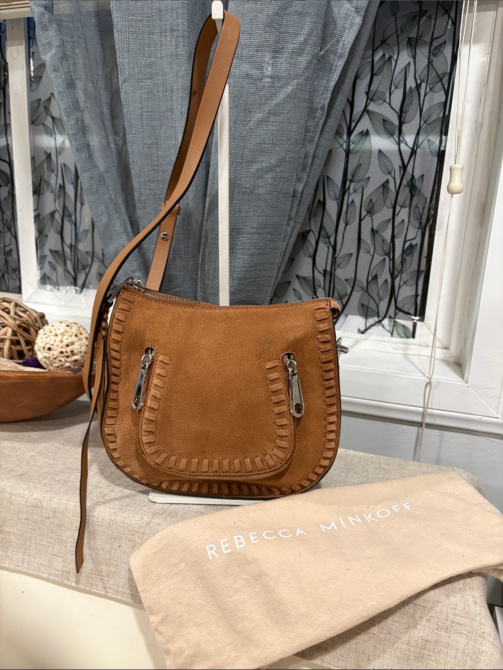 Rebecca Minkoff Tan Suede Crossbody with Whipstitch Trim plus dust bag